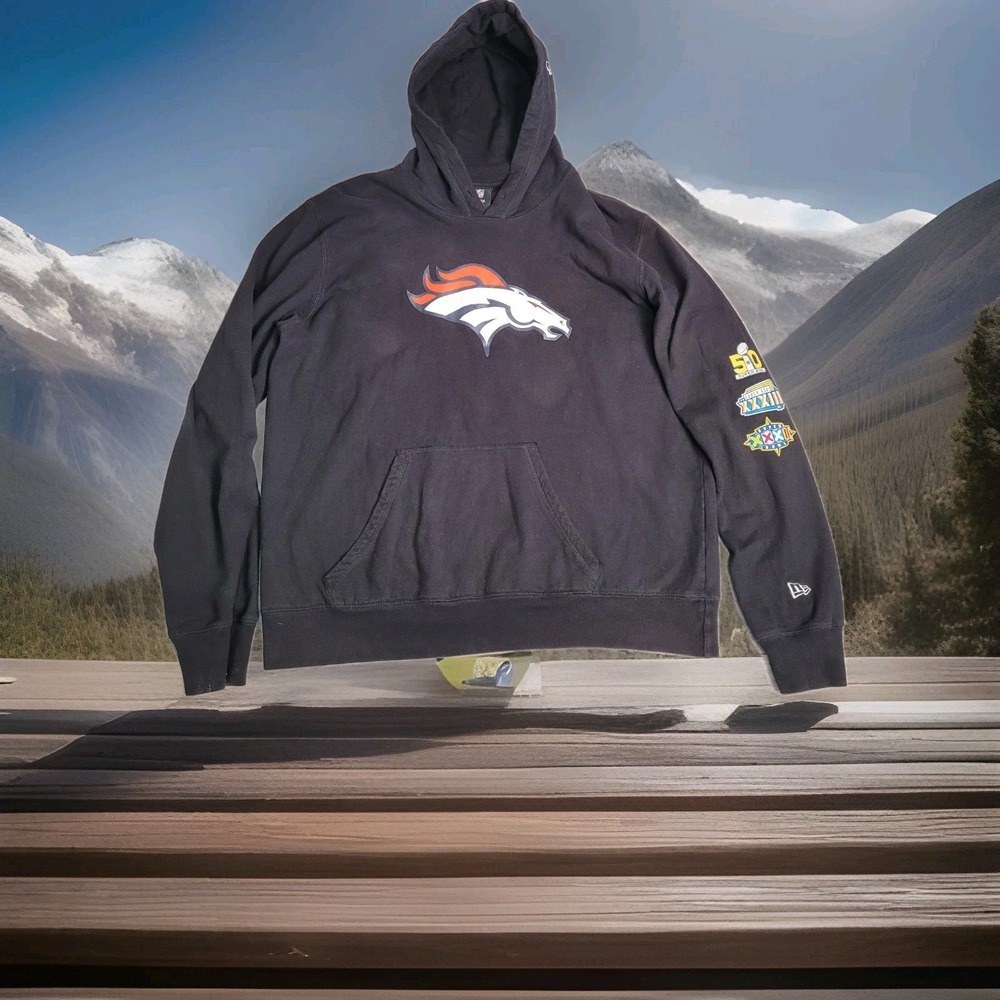 🏈Denver Broncos Hoodie XL New Era Black Super Bowl‎ 32 33 50 Patches Cotton🏈